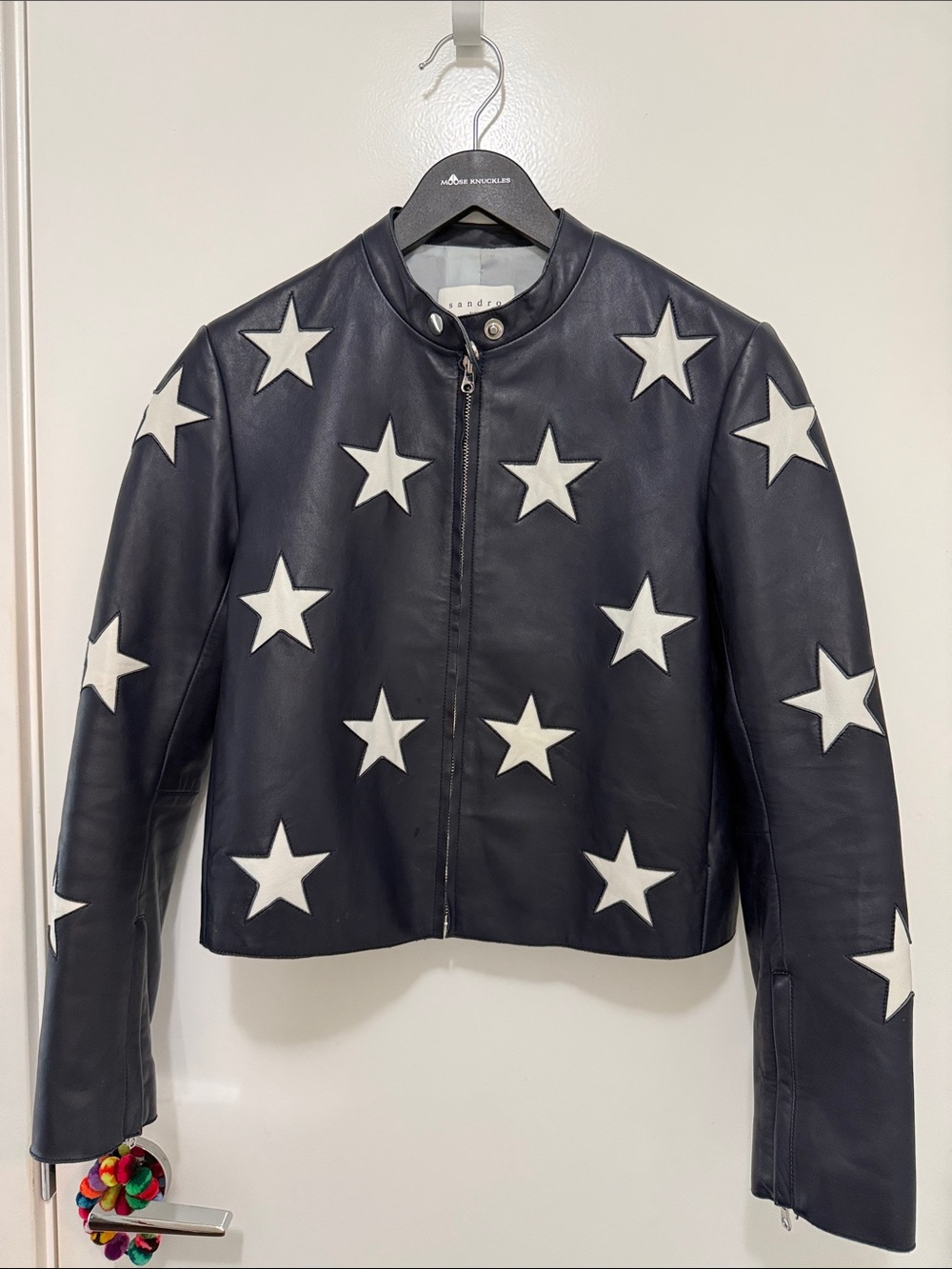 Sandro Navy Leather Jacket with White Star Appliqués